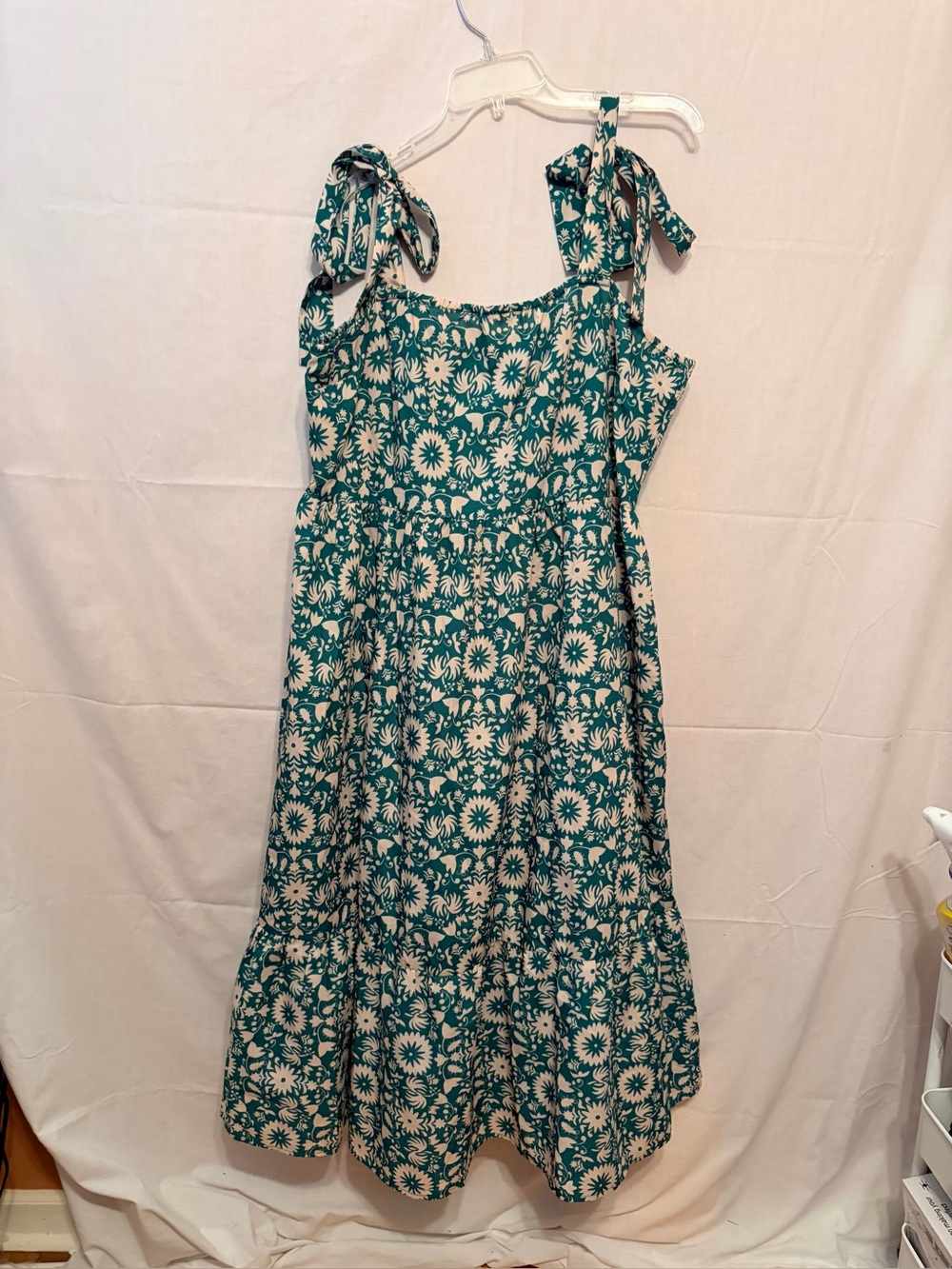 Cider brand floral midi dress featuring tie shoulders and a tiered skirt.